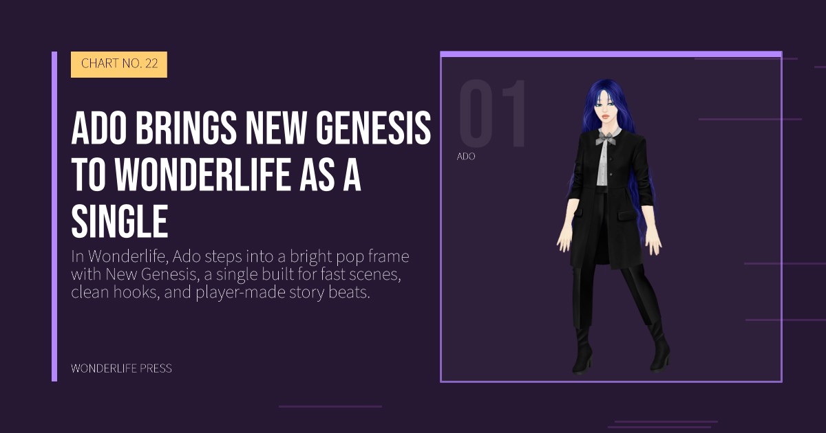 Wonderlife Press: Ado brings New Genesis to Wonderlife as a single. artist portrait. CHART NO. 22.