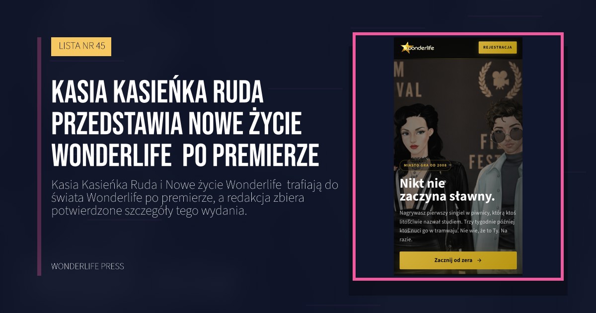 Wonderlife Press: Kasia Kasieńka Ruda przedstawia Nowe życie Wonderlife  po premierze. okładka wydawnictwa. LISTA NR 45.