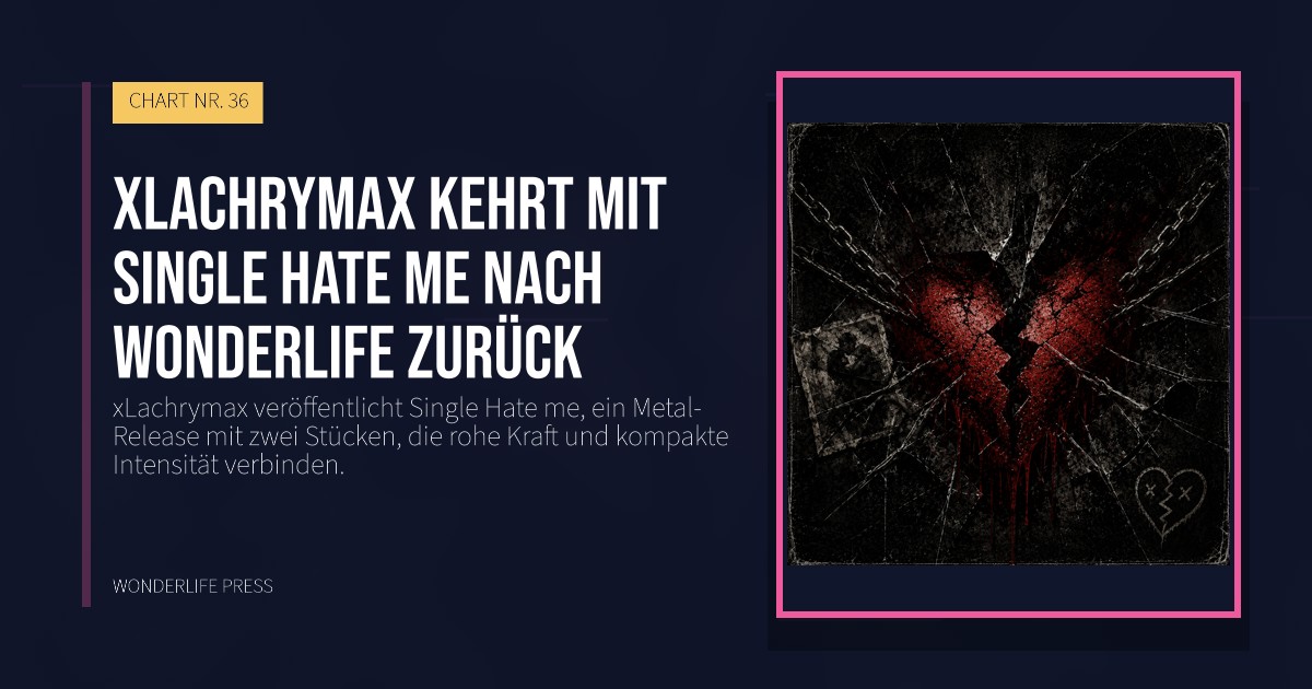 Wonderlife Press: xLachrymax kehrt mit Single Hate me nach Wonderlife zurück. Veröffentlichungscover. CHART NR. 36.