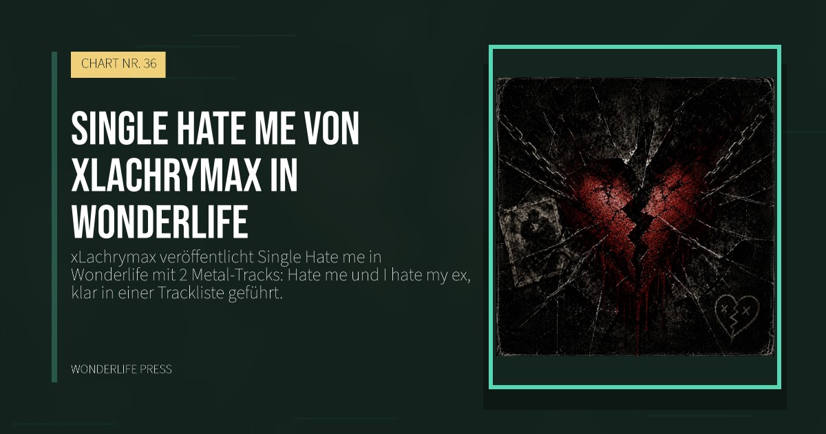 Wonderlife Press: Single Hate me von xLachrymax in Wonderlife. Veröffentlichungscover. CHART NR. 36.
