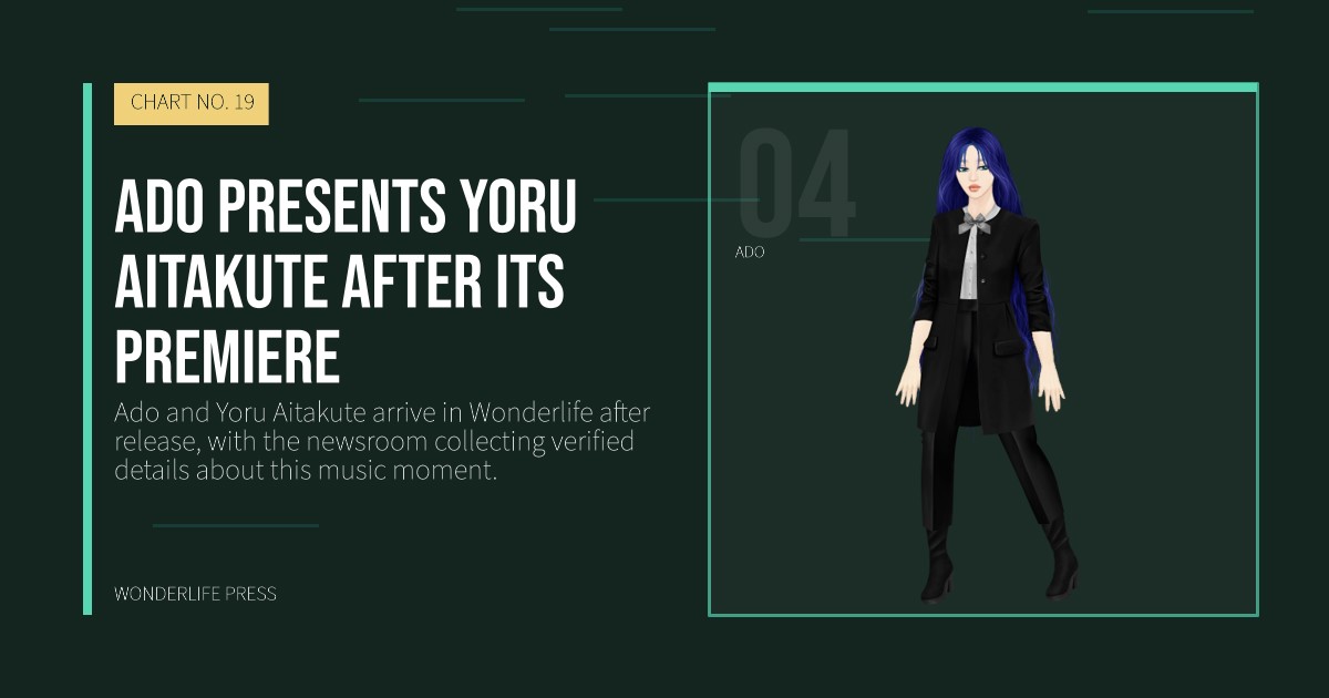 Wonderlife Press: Ado presents Yoru Aitakute after its premiere. artist portrait. CHART NO. 19.