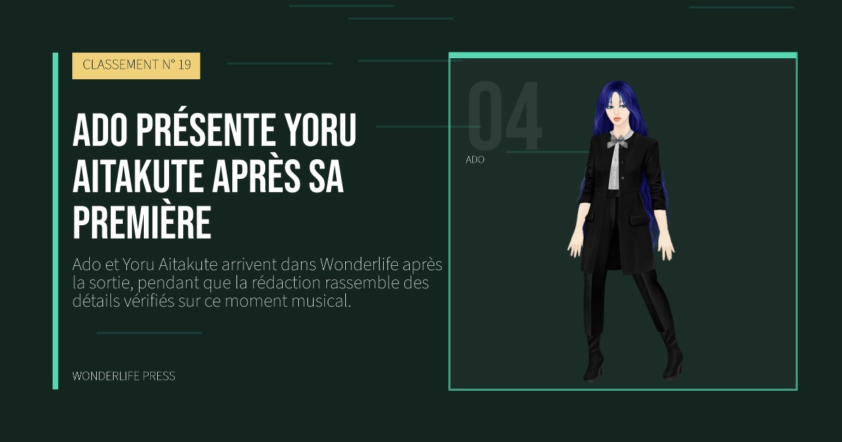 Wonderlife Press: Ado présente Yoru Aitakute après sa première. portrait des artistes. CLASSEMENT N° 19.