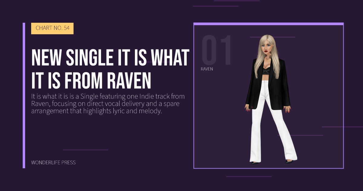 Wonderlife Press: new single It is what it is from Raven. artist portrait. CHART NO. 54.