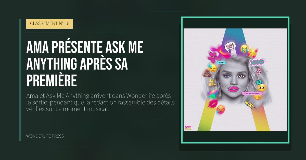 Wonderlife Press: Ama présente Ask Me Anything après sa première. pochette de la sortie. CLASSEMENT N° 18.
