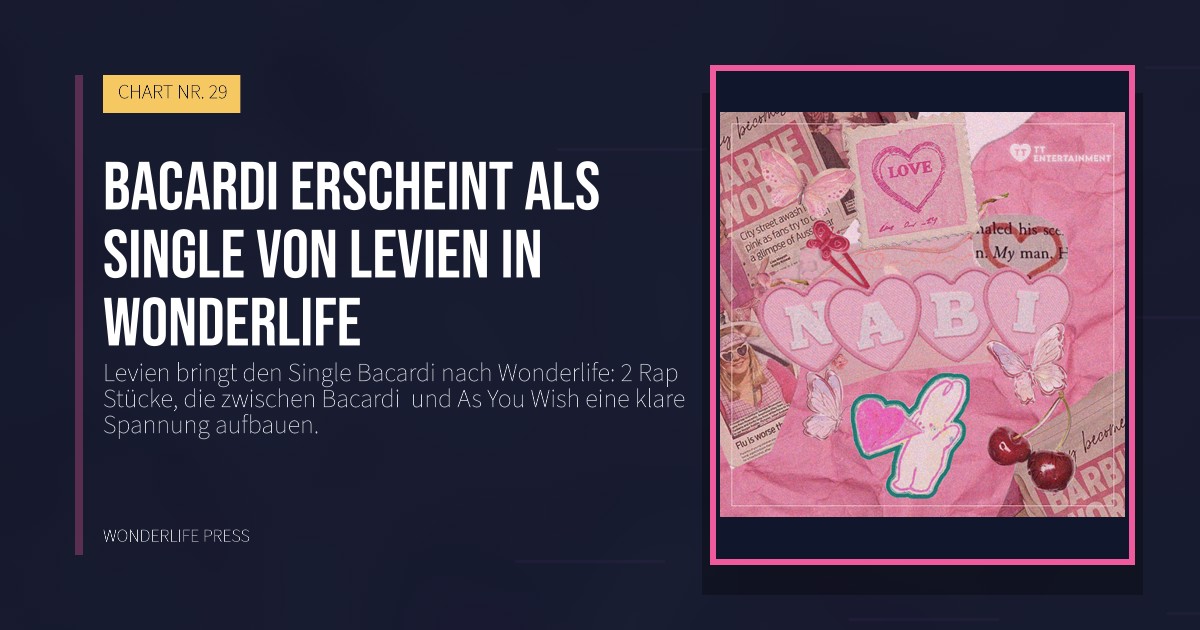 Wonderlife Press: Bacardi erscheint als Single von Levien in Wonderlife. Veröffentlichungscover. CHART NR. 29.
