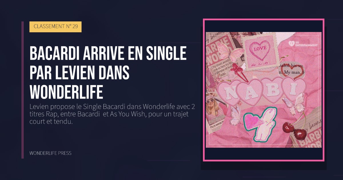 Wonderlife Press: Bacardi arrive en Single par Levien dans Wonderlife. pochette de la sortie. CLASSEMENT N° 29.