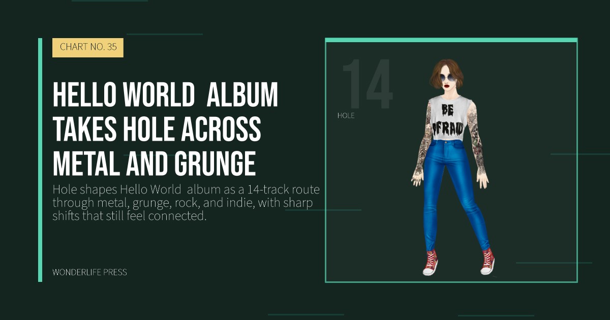 Wonderlife Press: Hello World  album takes Hole across metal and grunge. artist portrait. CHART NO. 35.