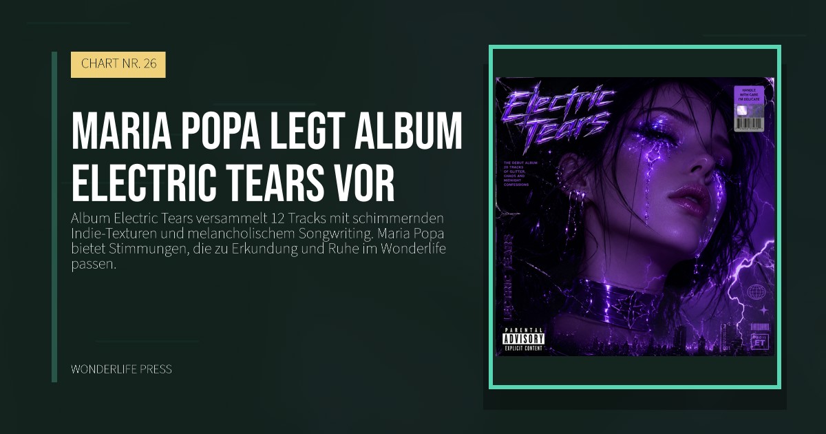 Wonderlife Press: Maria Popa legt Album Electric Tears vor. Veröffentlichungscover. CHART NR. 26.