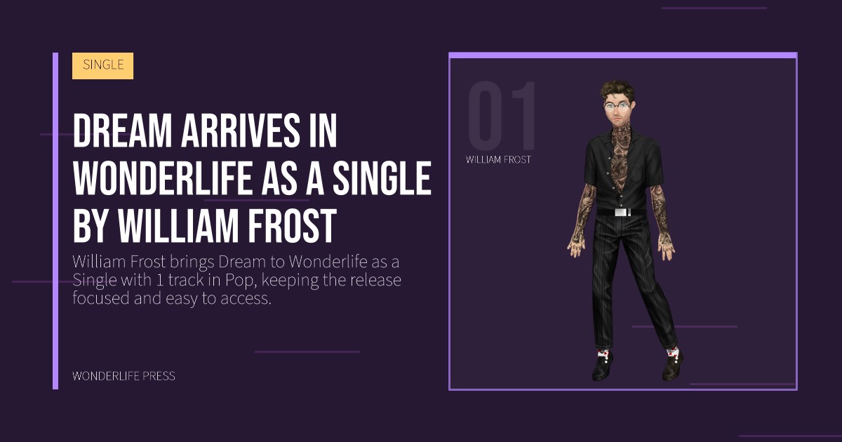 Wonderlife Press: Dream arrives in Wonderlife as a Single by William Frost. artist portrait. SINGLE.
