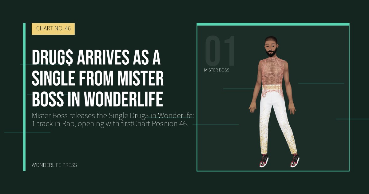 Wonderlife Press: Drug$ arrives as a Single from Mister Boss in Wonderlife. artist portrait. CHART NO. 46.