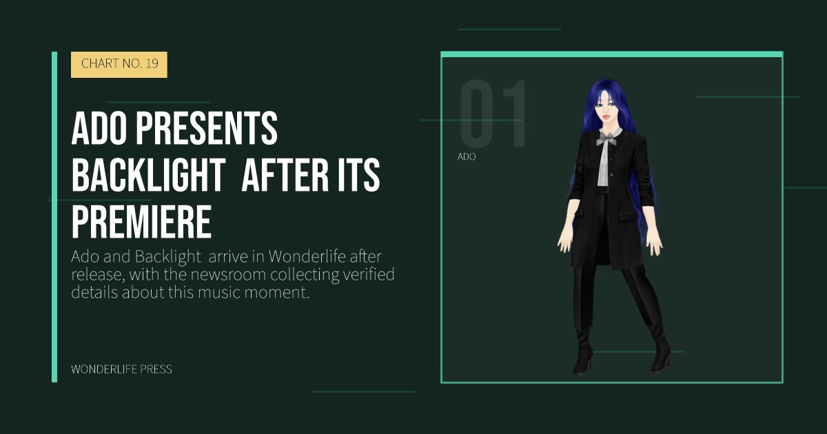 Wonderlife Press: Ado presents Backlight  after its premiere. artist portrait. CHART NO. 19.
