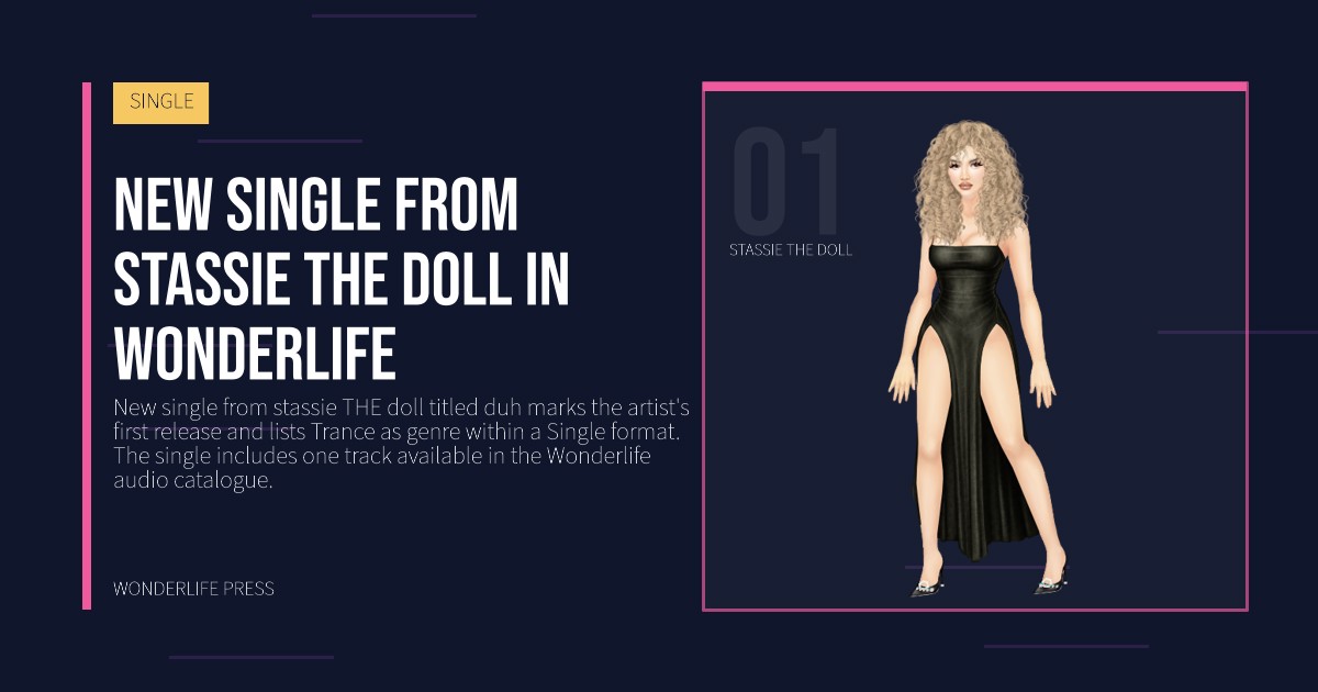 Wonderlife Press: New single from stassie THE doll in Wonderlife. artist portrait. SINGLE.