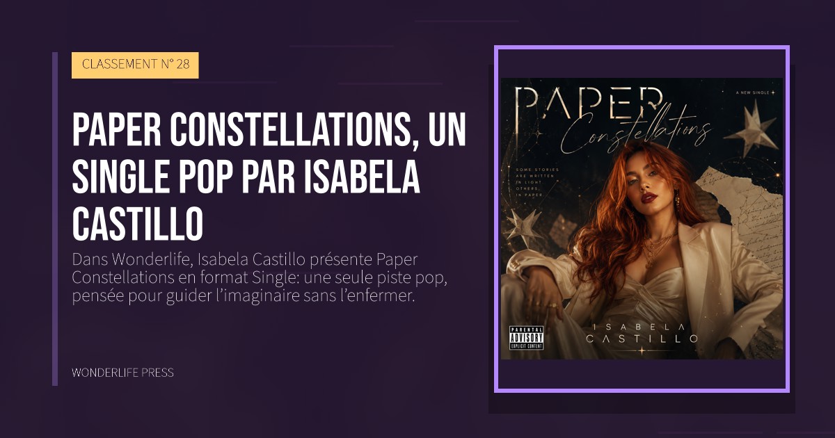 Wonderlife Press: Paper Constellations, un Single pop par Isabela Castillo. pochette de la sortie. CLASSEMENT N° 28.