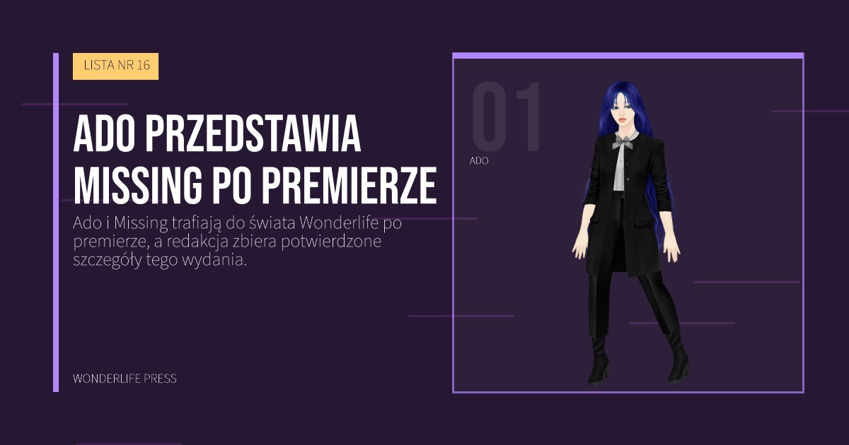 Wonderlife Press: Ado przedstawia Missing po premierze. portret artystów. LISTA NR 16.