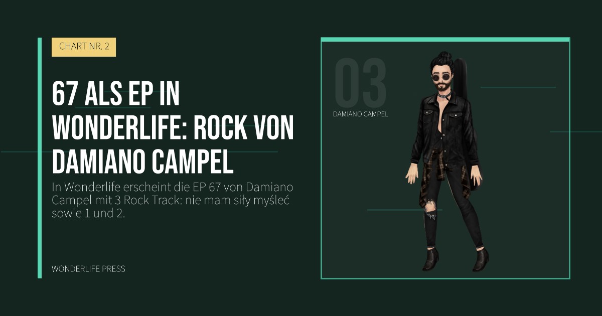 Wonderlife Press: 67 als EP in Wonderlife: Rock von Damiano Campel. Künstlerporträt. CHART NR. 2.