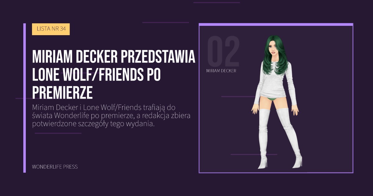 Wonderlife Press: Miriam Decker przedstawia Lone Wolf/Friends po premierze. portret artystów. LISTA NR 34.