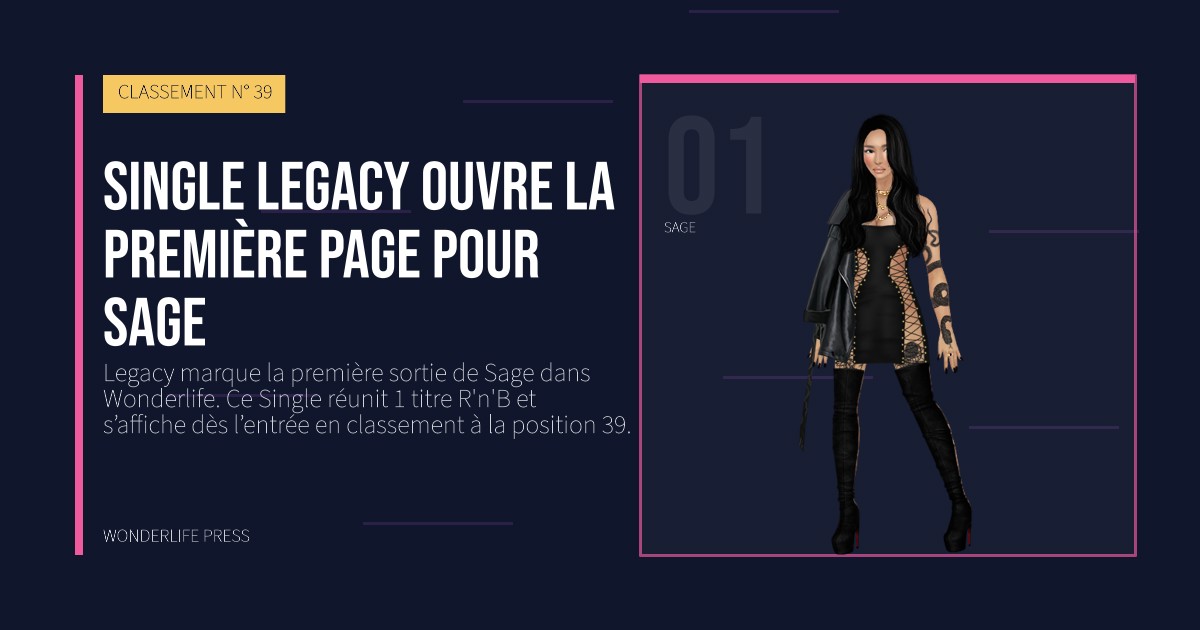 Wonderlife Press: Single Legacy ouvre la première page pour Sage. portrait des artistes. CLASSEMENT N° 39.