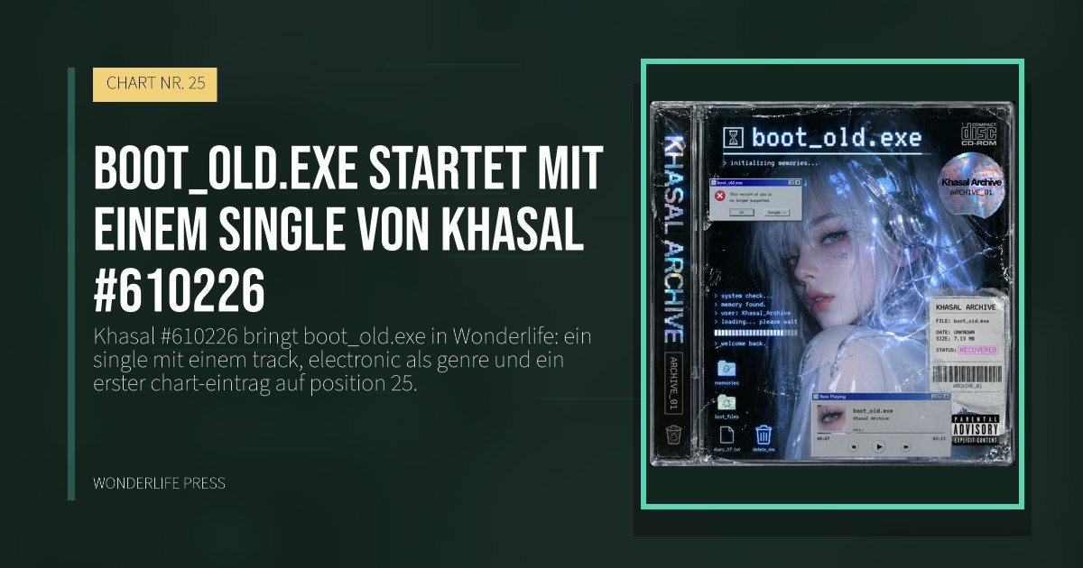 Wonderlife Press: boot_old.exe startet mit einem Single von Khasal #610226. Veröffentlichungscover. CHART NR. 25.