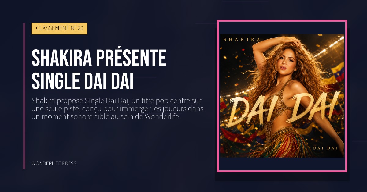 Wonderlife Press: Shakira présente Single Dai Dai. pochette de la sortie. CLASSEMENT N° 20.
