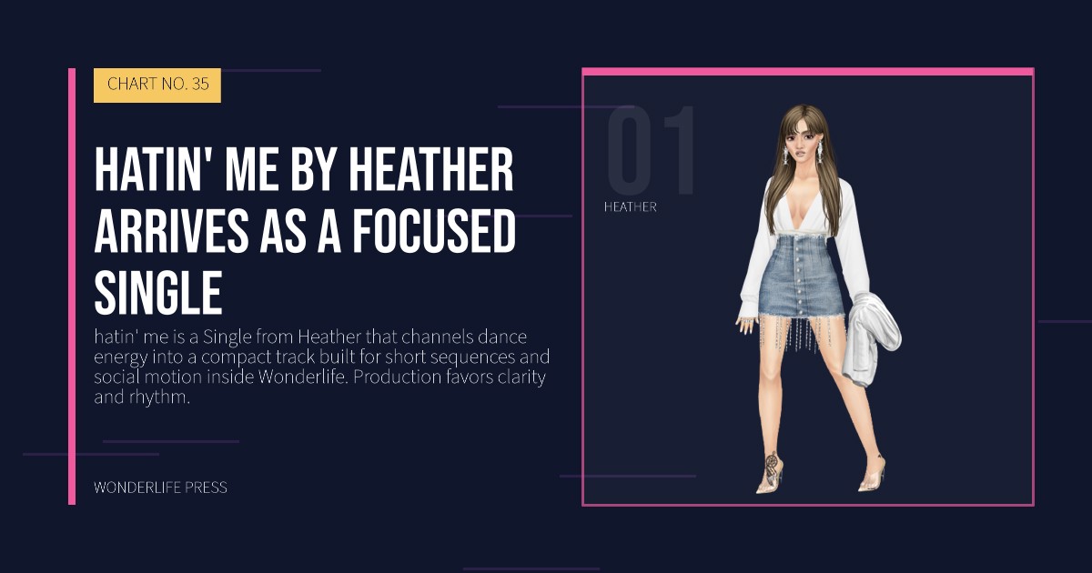 Wonderlife Press: hatin' me by Heather arrives as a focused Single. artist portrait. CHART NO. 35.