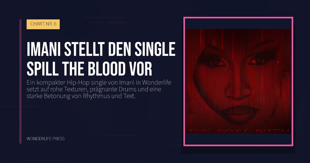 Wonderlife Press: Imani stellt den single Spill The Blood vor. Veröffentlichungscover. CHART NR. 6.