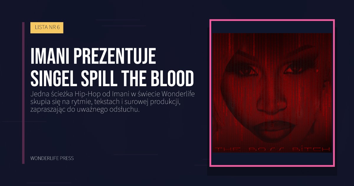 Wonderlife Press: Imani prezentuje singel Spill The Blood. okładka wydawnictwa. LISTA NR 6.