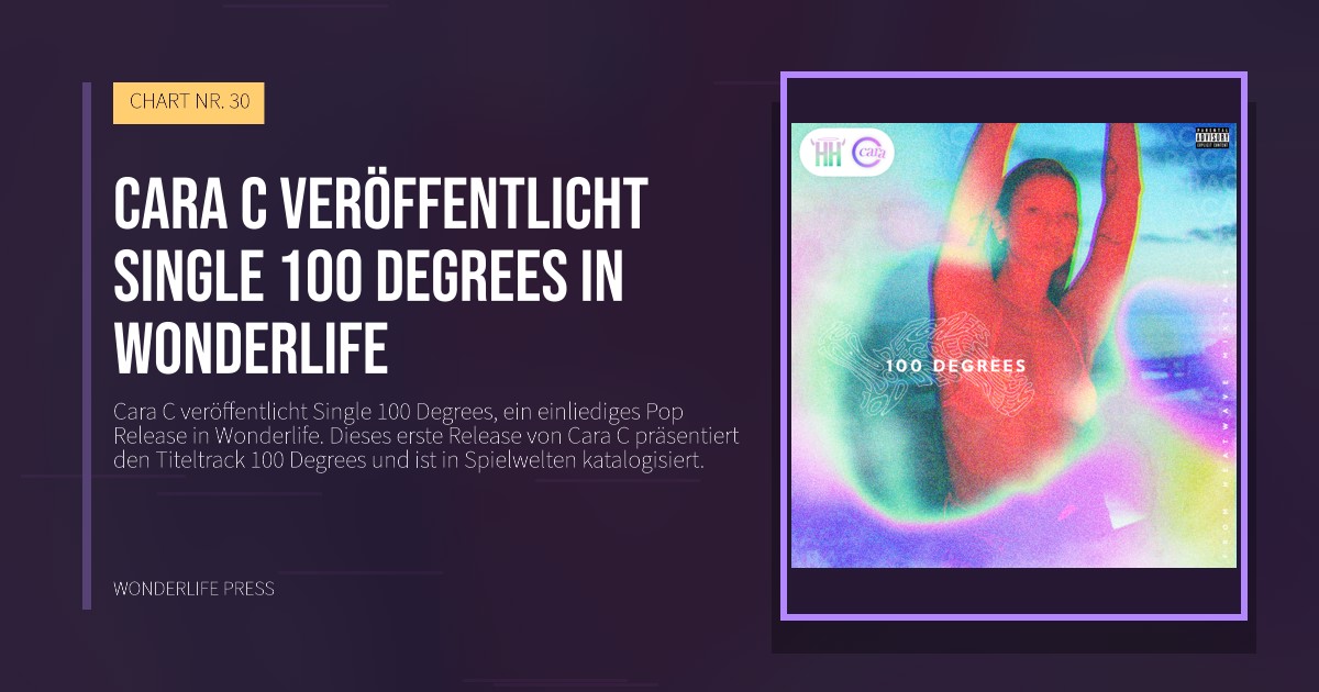 Wonderlife Press: Cara C veröffentlicht Single 100 Degrees in Wonderlife. Veröffentlichungscover. CHART NR. 30.