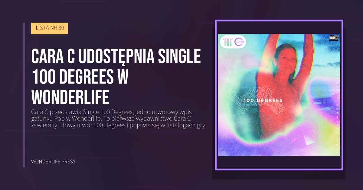 Wonderlife Press: Cara C udostępnia Single 100 Degrees w Wonderlife. okładka wydawnictwa. LISTA NR 30.