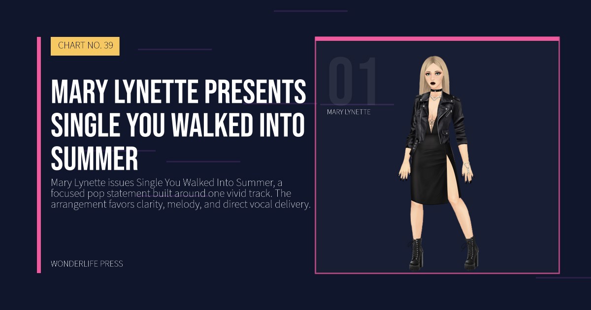 Wonderlife Press: Mary Lynette presents Single You Walked Into Summer. artist portrait. CHART NO. 39.