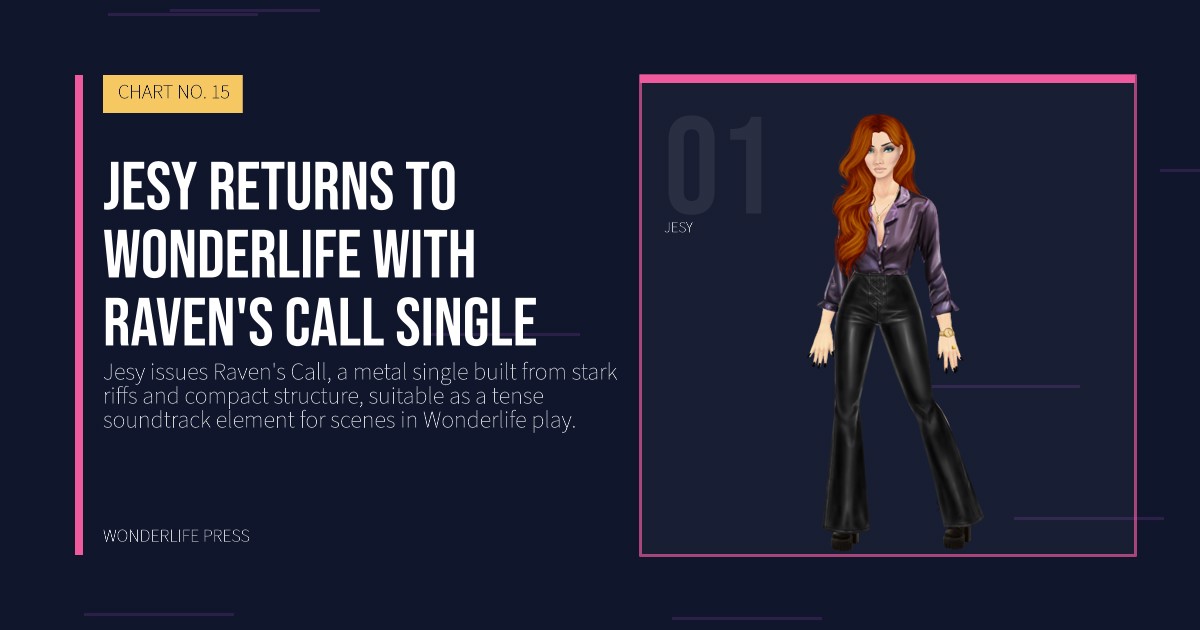 Wonderlife Press: Jesy returns to Wonderlife with Raven's Call single. artist portrait. CHART NO. 15.