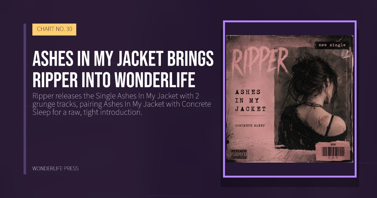 Wonderlife Press: Ashes In My Jacket brings Ripper into Wonderlife. release artwork. CHART NO. 30.