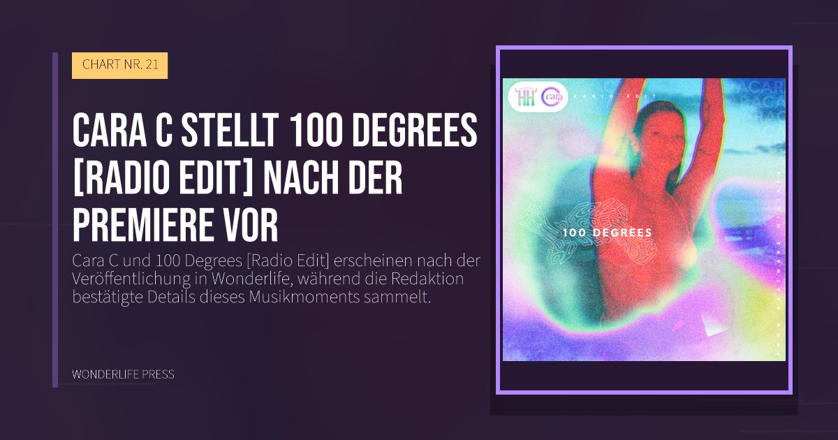 Wonderlife Press: Cara C stellt 100 Degrees [Radio Edit] nach der Premiere vor. Veröffentlichungscover. CHART NR. 21.