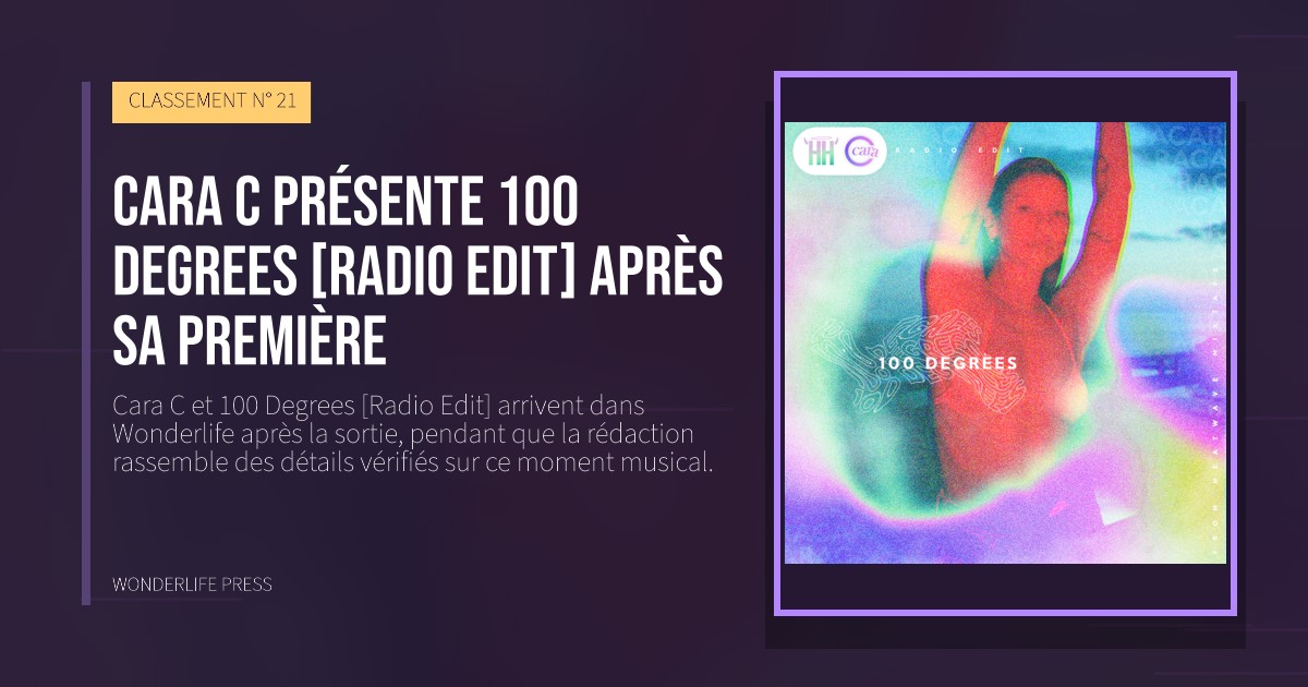 Wonderlife Press: Cara C présente 100 Degrees [Radio Edit] après sa première. pochette de la sortie. CLASSEMENT N° 21.