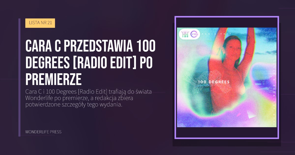 Wonderlife Press: Cara C przedstawia 100 Degrees [Radio Edit] po premierze. okładka wydawnictwa. LISTA NR 21.