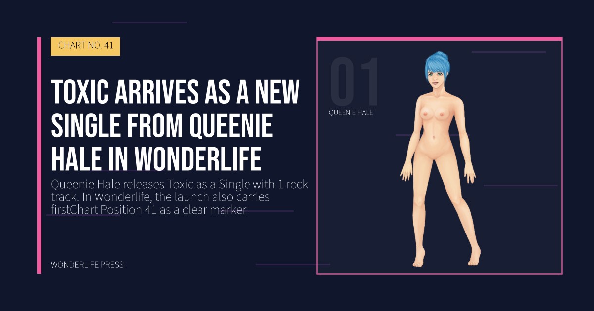 Wonderlife Press: Toxic arrives as a new single from Queenie Hale in Wonderlife. artist portrait. CHART NO. 41.