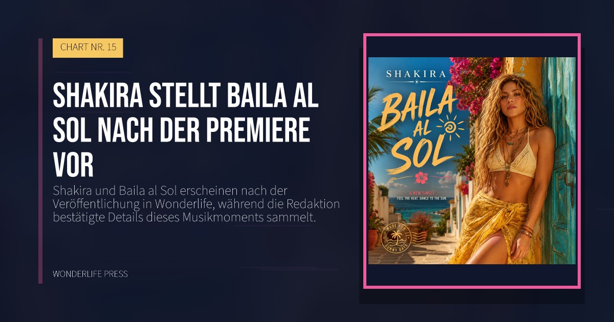 Wonderlife Press: Shakira stellt Baila al Sol nach der Premiere vor. Veröffentlichungscover. CHART NR. 15.