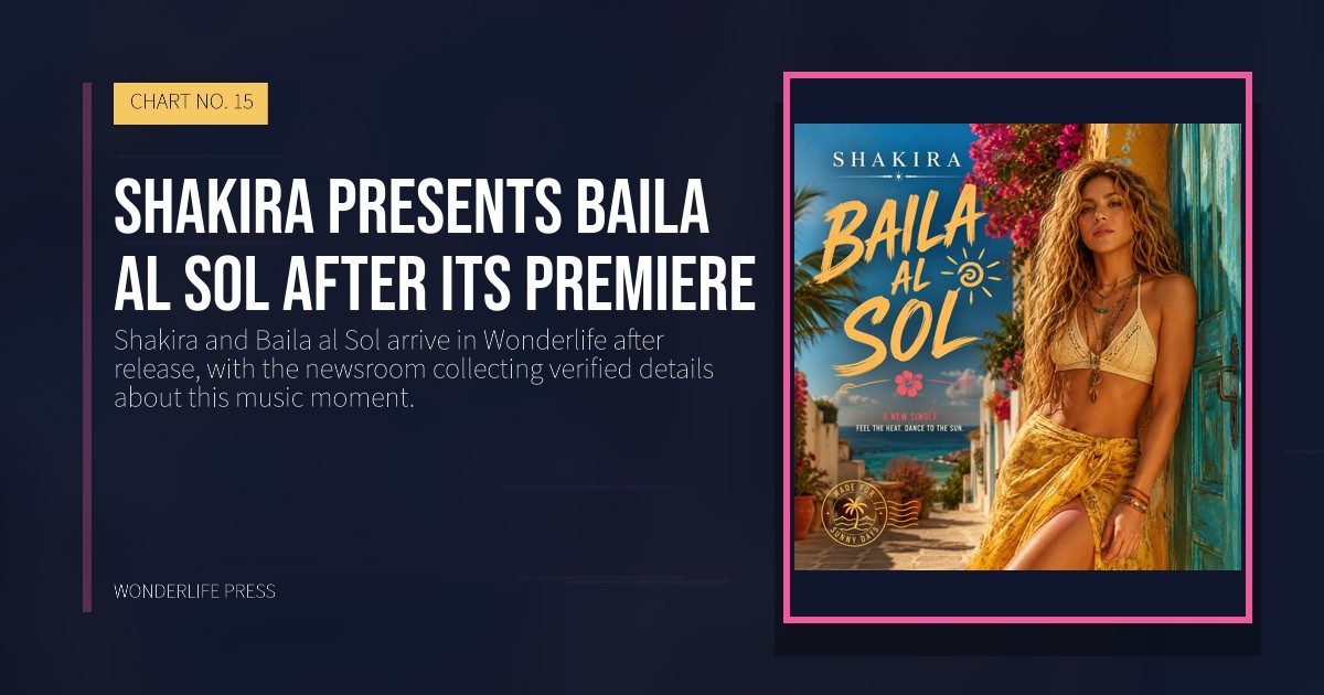 Wonderlife Press: Shakira presents Baila al Sol after its premiere. release artwork. CHART NO. 15.