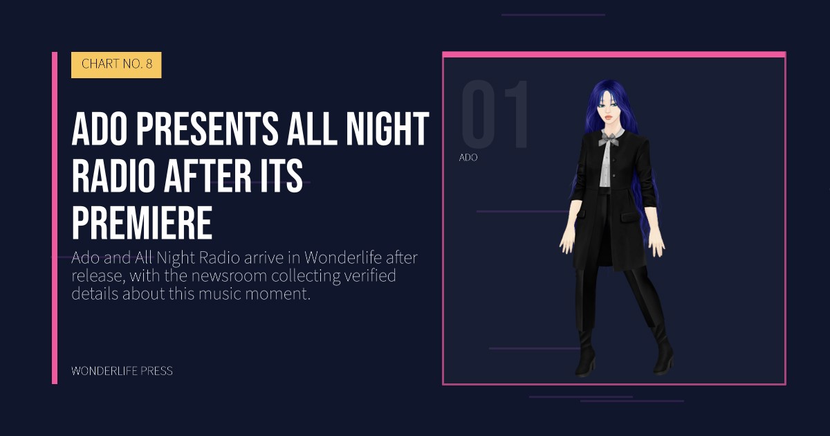 Wonderlife Press: Ado presents All Night Radio after its premiere. artist portrait. CHART NO. 8.