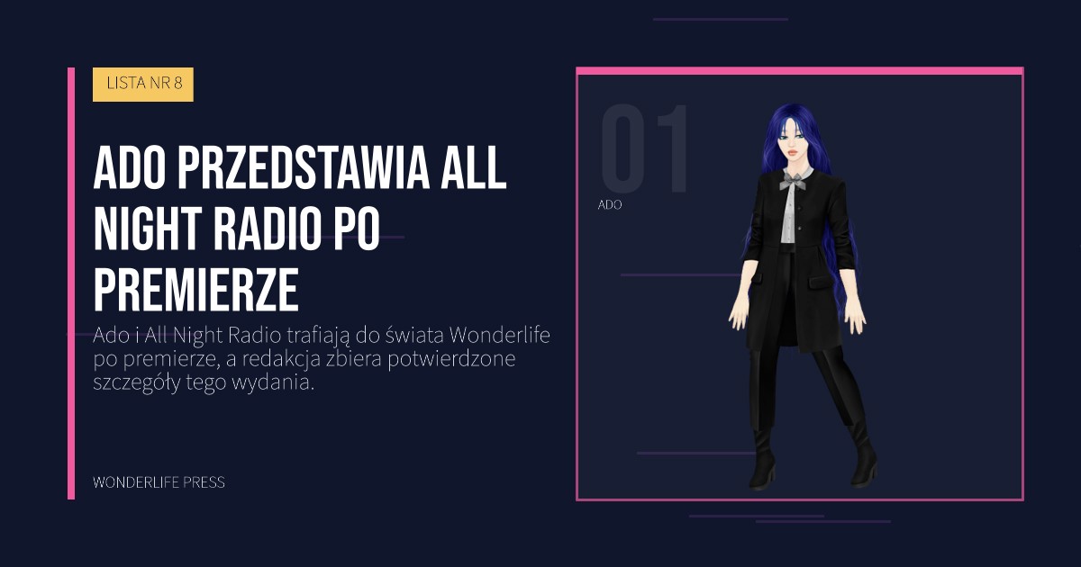 Wonderlife Press: Ado przedstawia All Night Radio po premierze. portret artystów. LISTA NR 8.