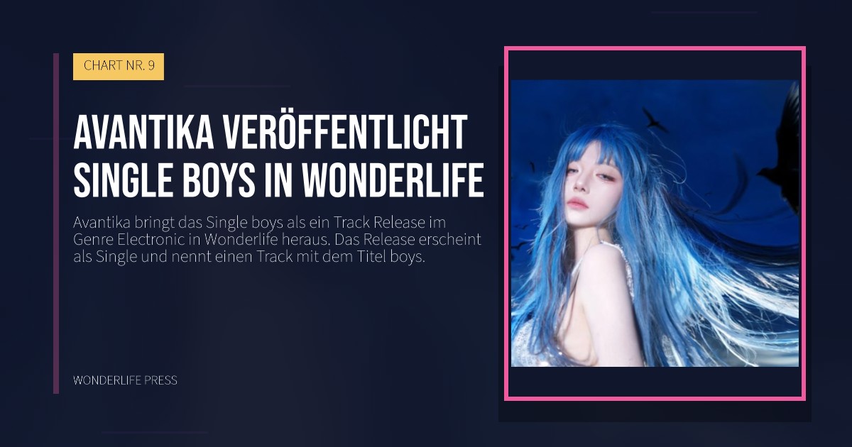 Wonderlife Press: Avantika veröffentlicht single boys in Wonderlife. Veröffentlichungscover. CHART NR. 9.