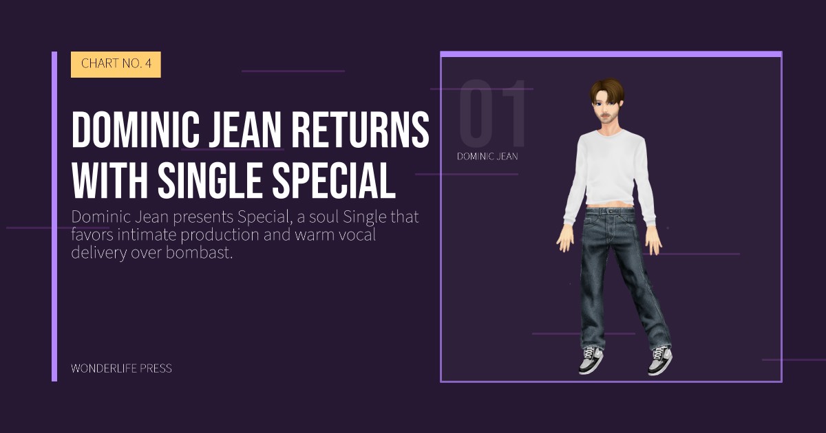 Wonderlife Press: Dominic Jean returns with single Special. artist portrait. CHART NO. 4.