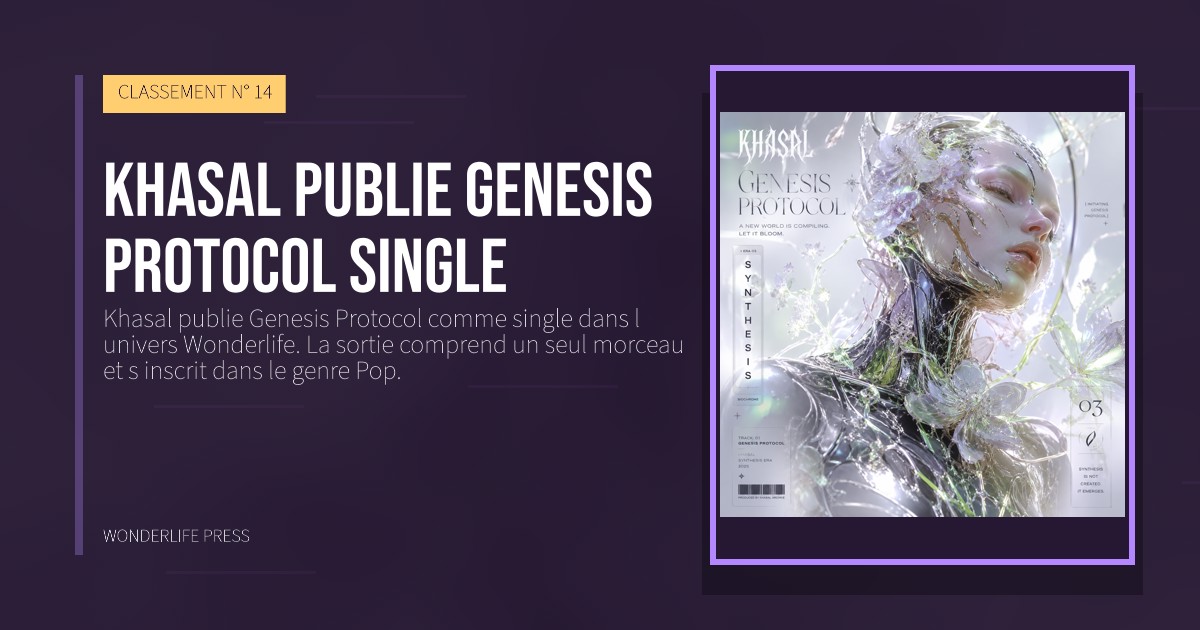Wonderlife Press: Khasal publie Genesis Protocol single. pochette de la sortie. CLASSEMENT N° 14.