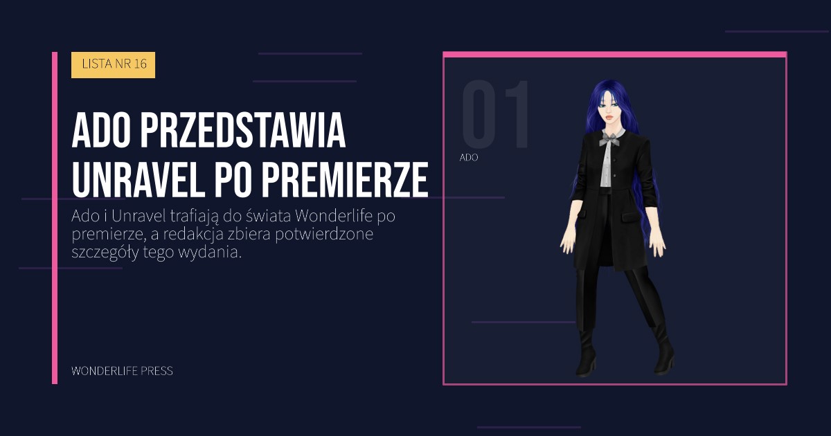 Wonderlife Press: Ado przedstawia Unravel po premierze. portret artystów. LISTA NR 16.