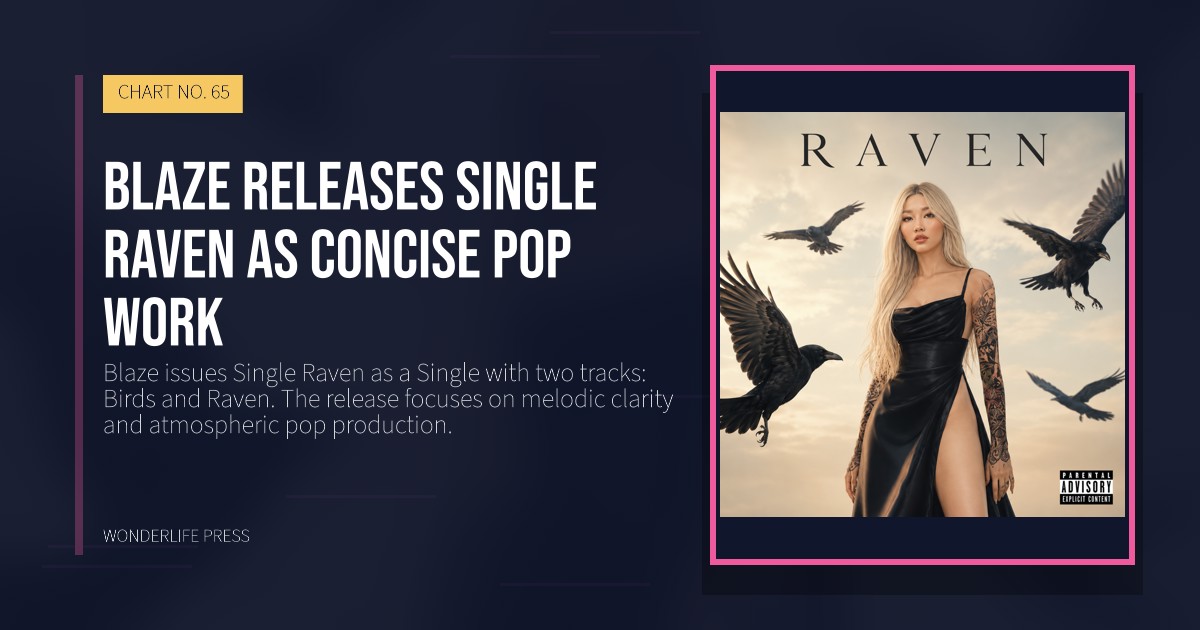 Wonderlife Press: Blaze releases Single Raven as concise pop work. release artwork. CHART NO. 65.