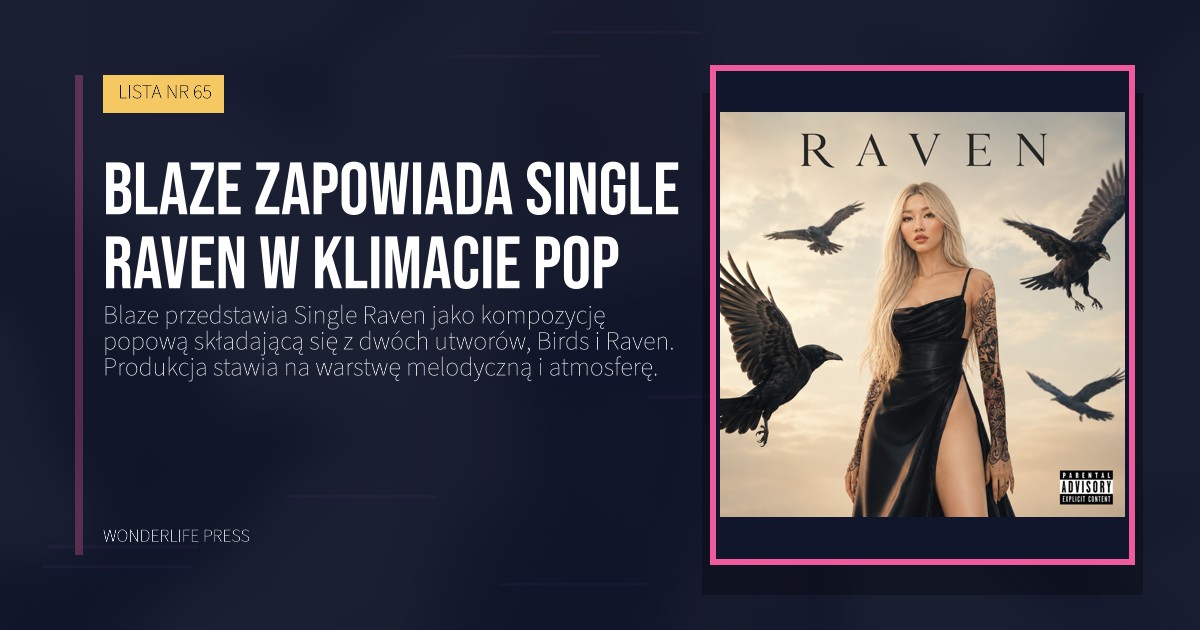 Wonderlife Press: Blaze zapowiada Single Raven w klimacie pop. okładka wydawnictwa. LISTA NR 65.