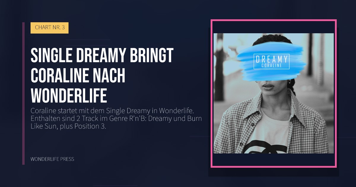 Wonderlife Press: Single Dreamy bringt Coraline nach Wonderlife. Veröffentlichungscover. CHART NR. 3.