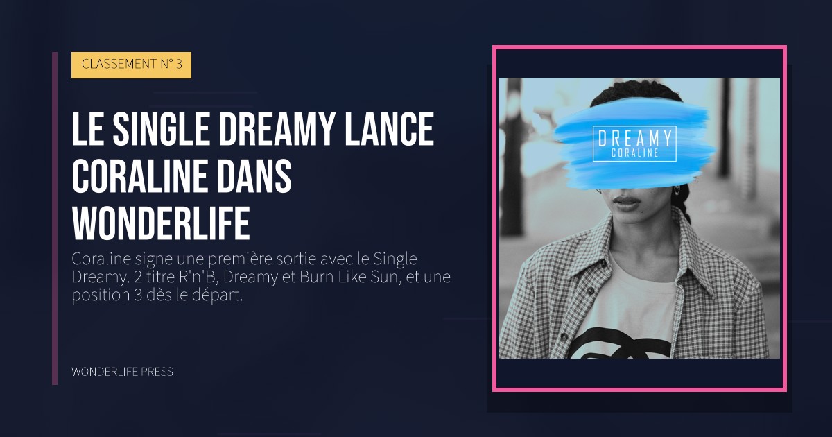 Wonderlife Press: Le Single Dreamy lance Coraline dans Wonderlife. pochette de la sortie. CLASSEMENT N° 3.