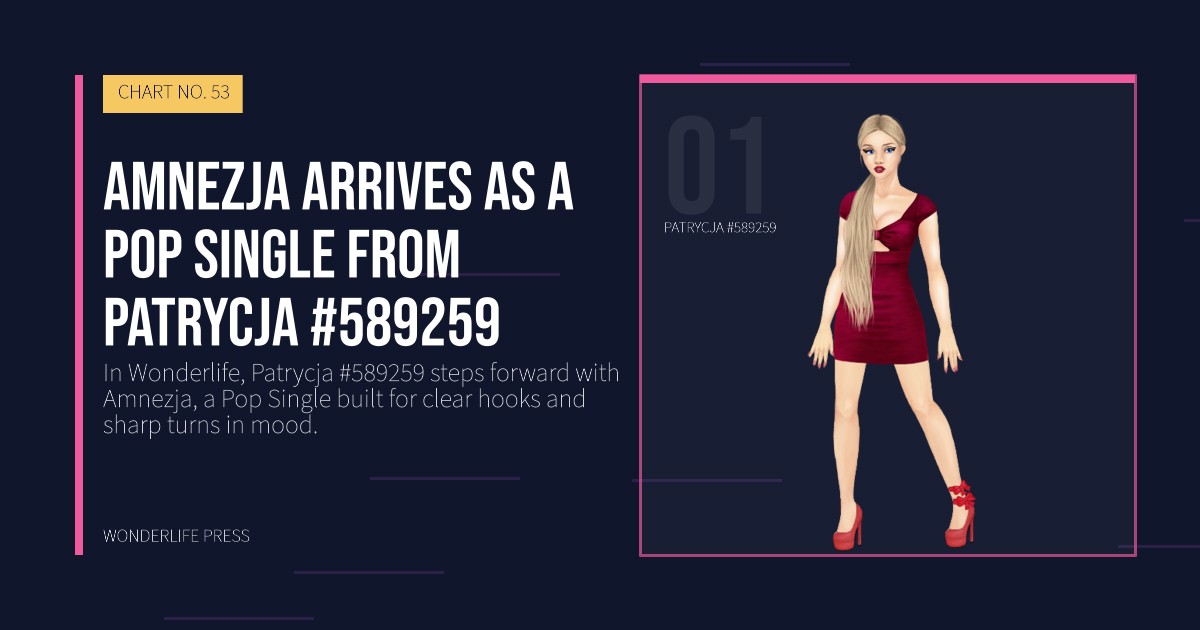 Wonderlife Press: Amnezja arrives as a Pop Single from Patrycja #589259. artist portrait. CHART NO. 53.
