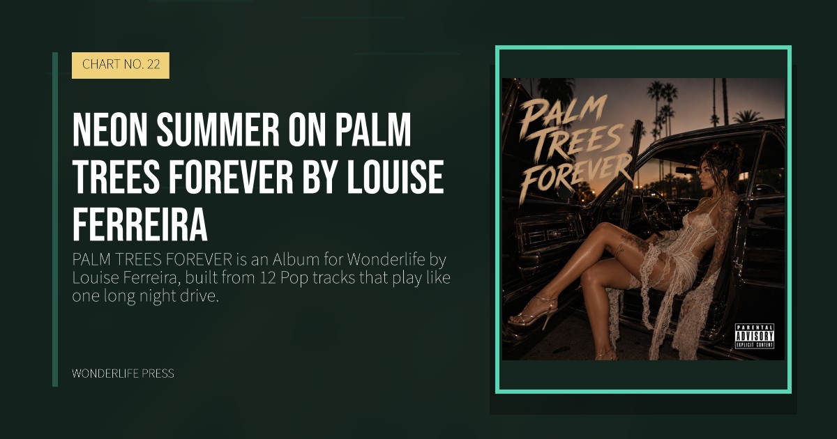 Wonderlife Press: Neon summer on PALM TREES FOREVER by Louise Ferreira. release artwork. CHART NO. 22.