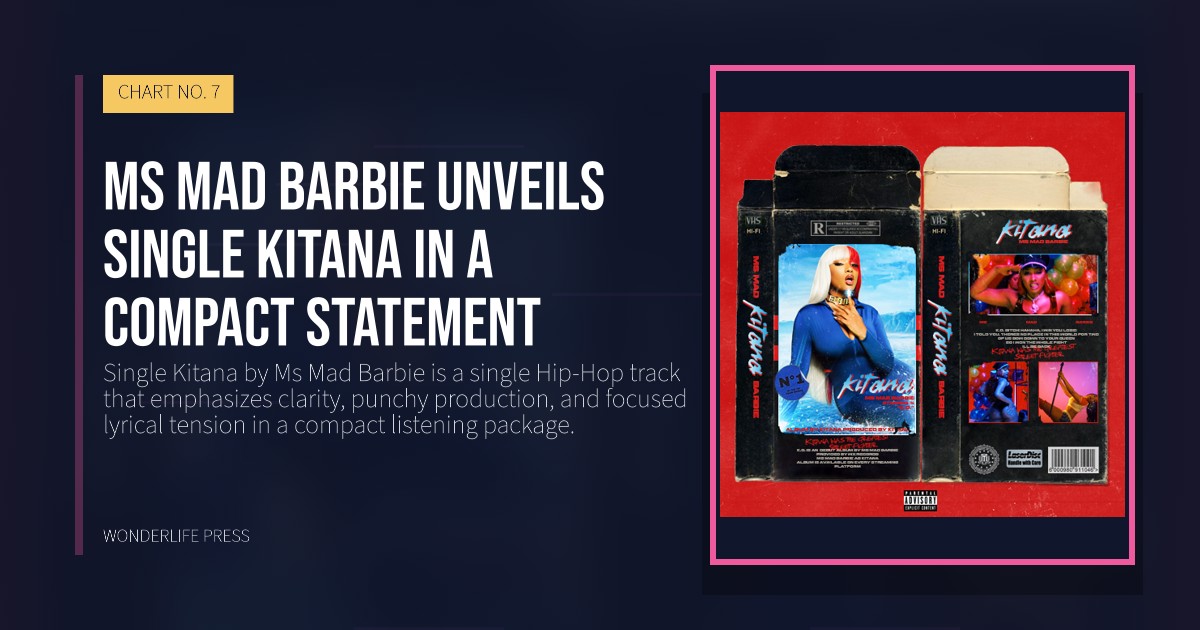 Wonderlife Press: Ms Mad Barbie unveils Single Kitana in a compact statement. release artwork. CHART NO. 7.